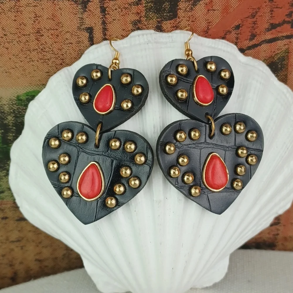 Red Stone Brassy Gold Studded Black Leather DBL Drop Super Cool Heart Earrings